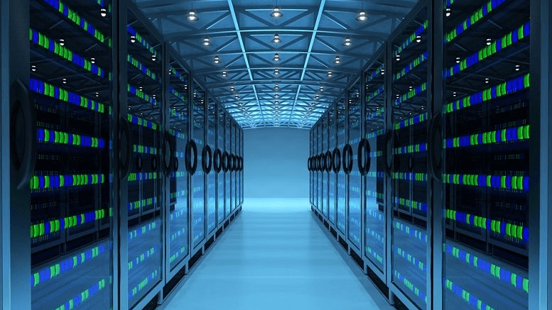 Real photo: rows of server racks inside a data center, illustrating database archiving