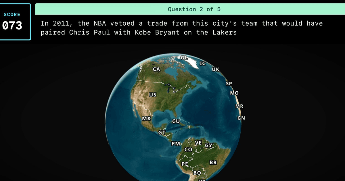 GeoSports sports quiz game interface: a player drops a pin on a world map to answer