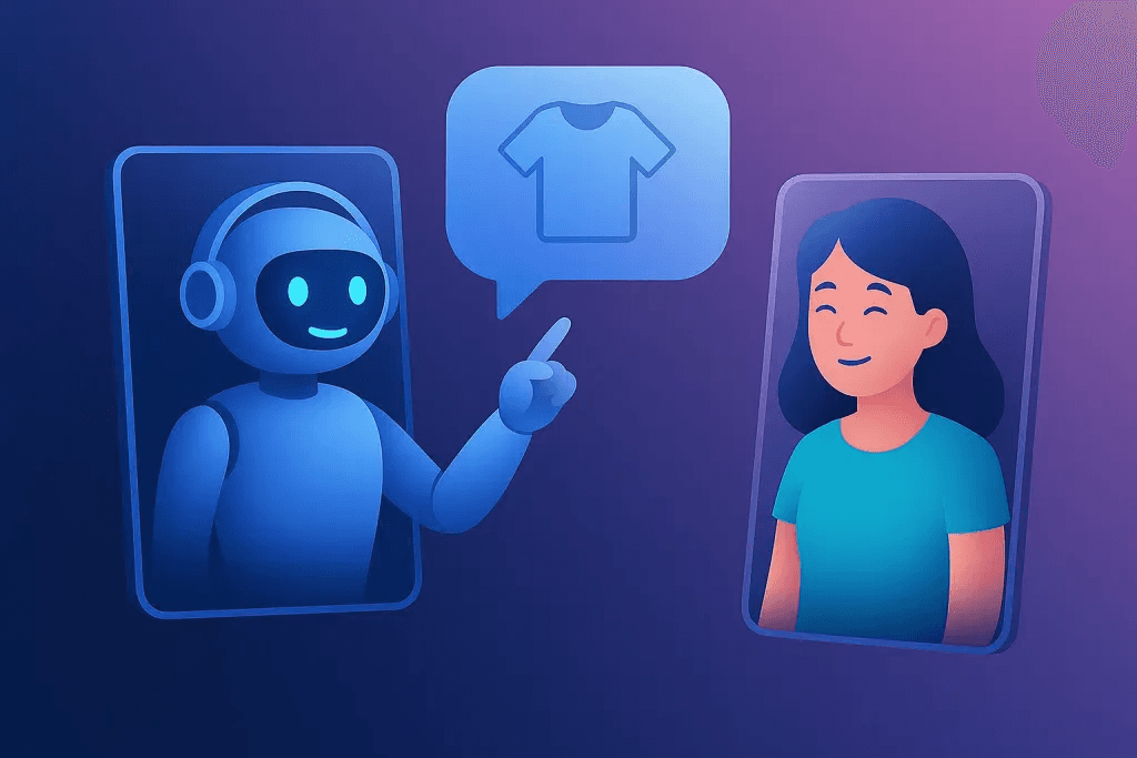 Illustration of an AI shopping assistant recommending a T-shirt to a shopper