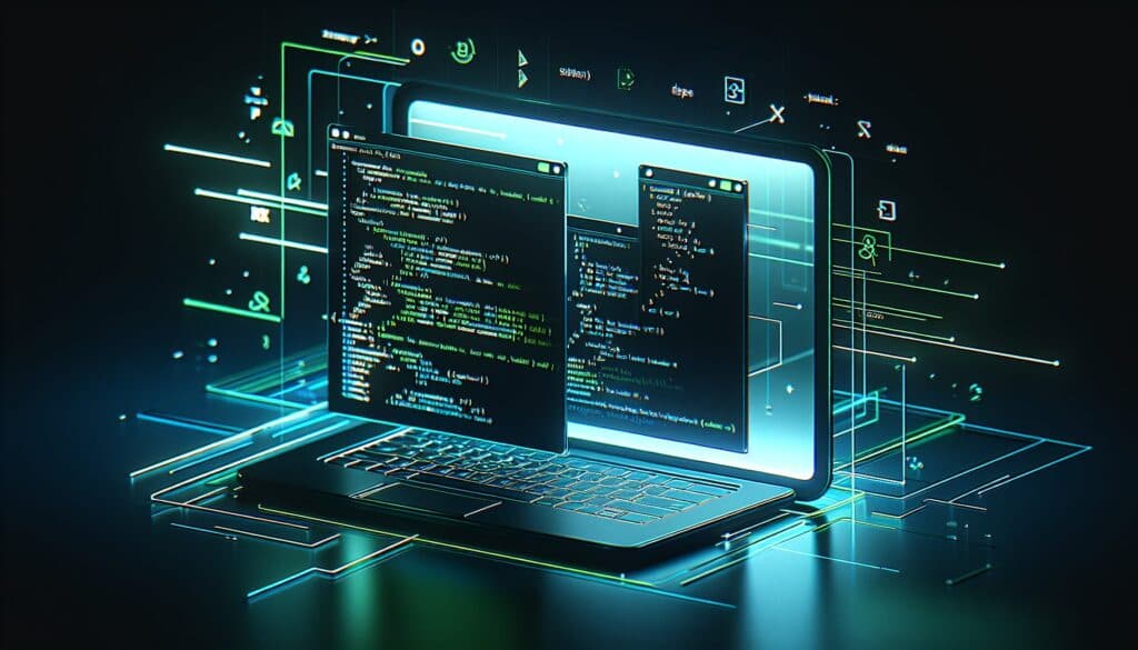 深色终端窗口中显示代码与命令行,象征 GitHub Copilot CLI 接入本地模型