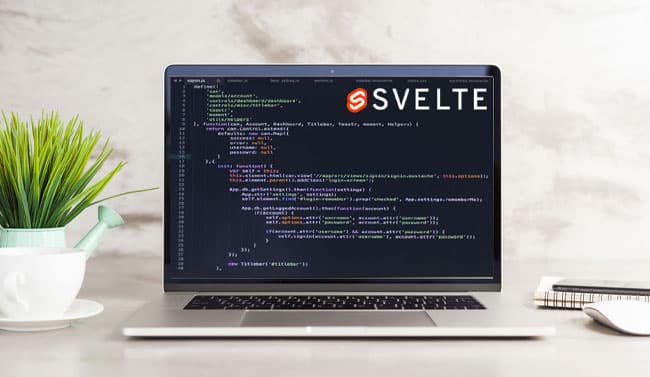 笔记本电脑屏幕上显示着代码编辑器,象征 SvelteKit 3 前端框架的正式发布