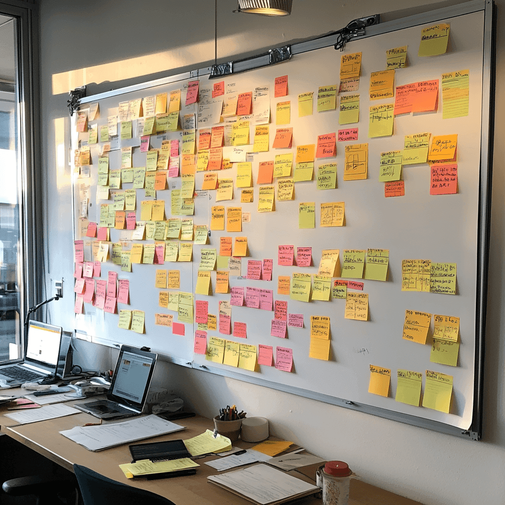A wall of task boards covered in sticky notes