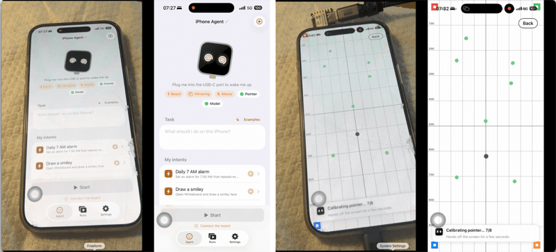 Real screenshot of the ESP32-iPhone-Agent app: task list with 'Daily 7 AM alarm' and 'Draw a smiley' intents, Start button, and pointer calibration screens