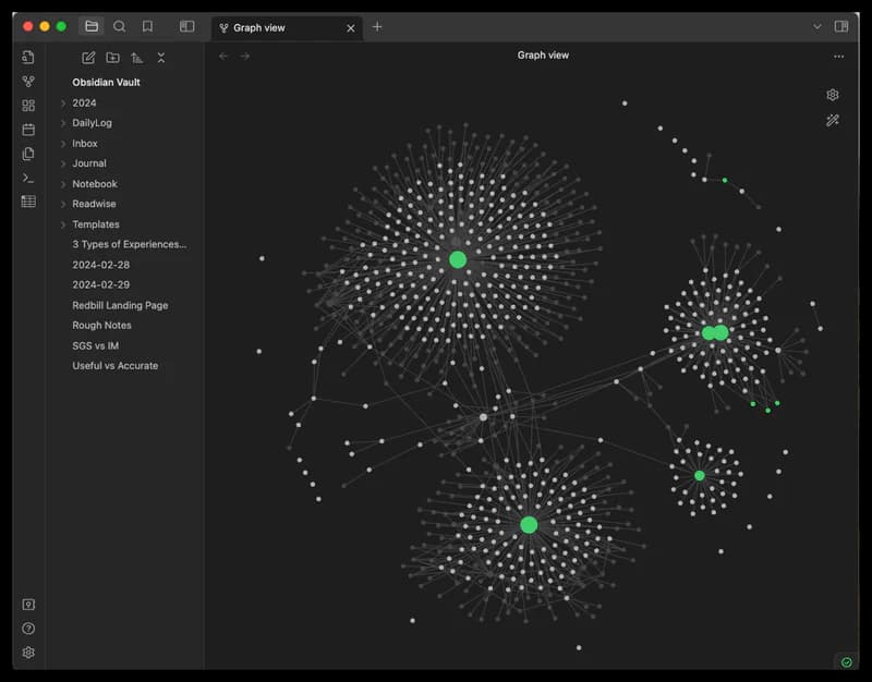 Obsidian graph view showing hundreds of note nodes connected in a web