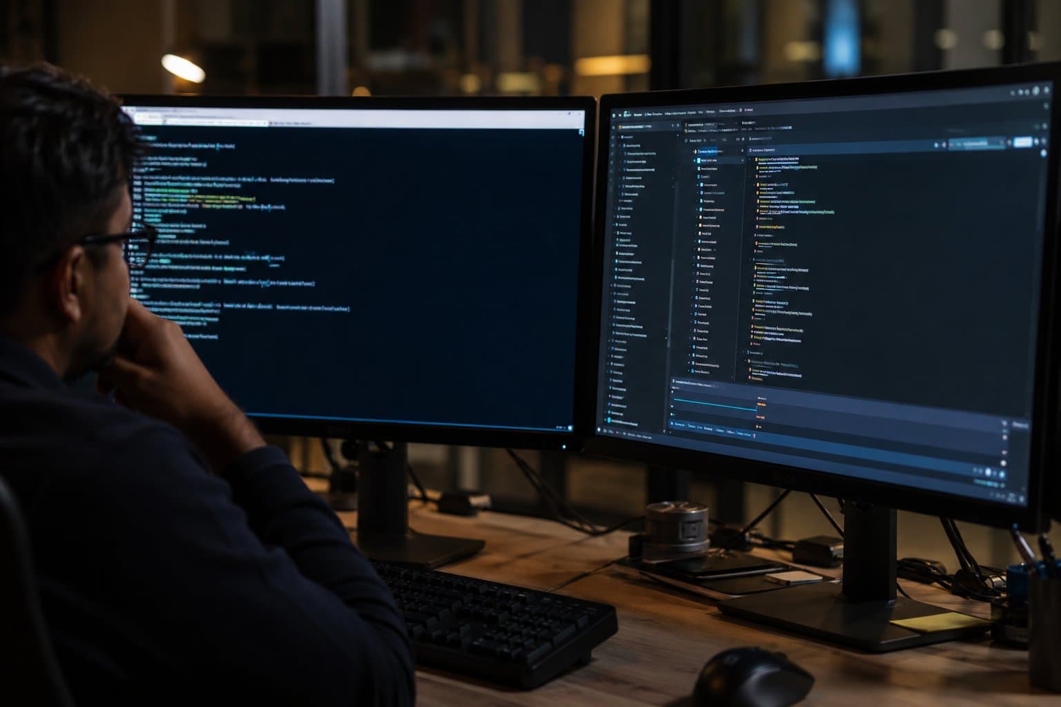A real photograph of a developer reviewing code on dual monitors, standing in for self-managed server operations and emergency upgrade work.