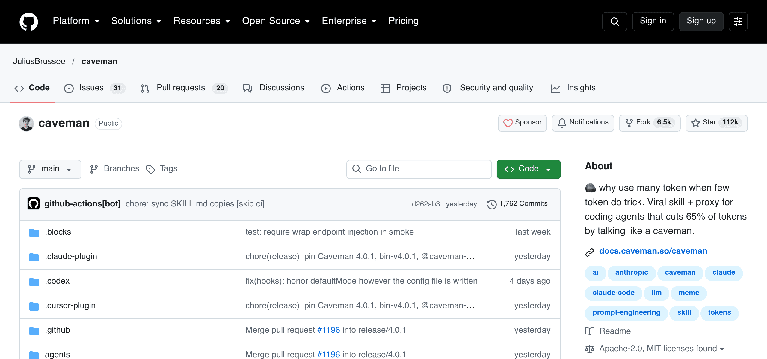 Screenshot of the Caveman GitHub repo: 112k stars, 4.0.1 released October 13