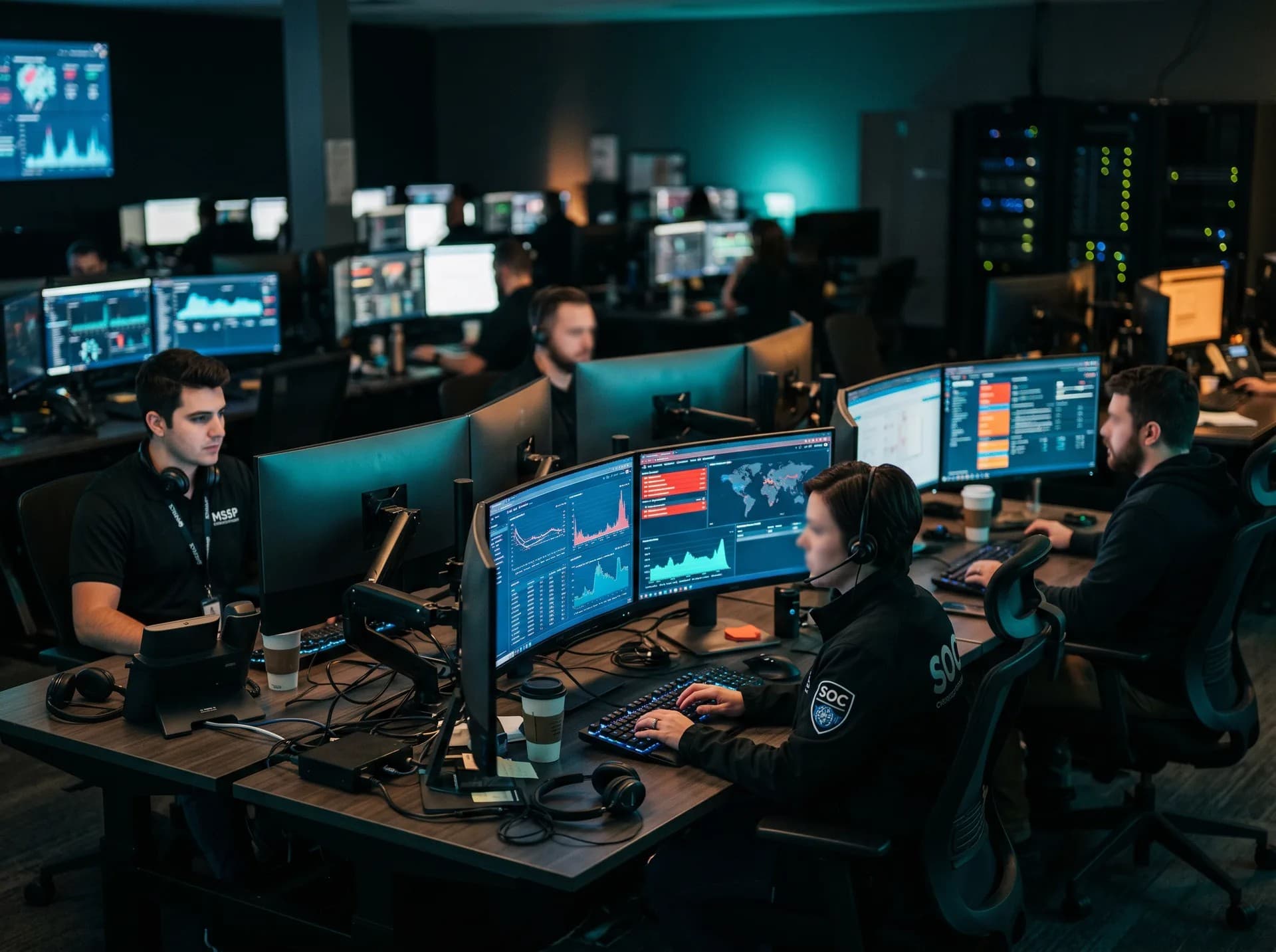 Analysts work at multi-monitor desks in a dim security operations center, with threat-alert charts on screen. Generic stock photo, not a photograph of an OpenAI office.