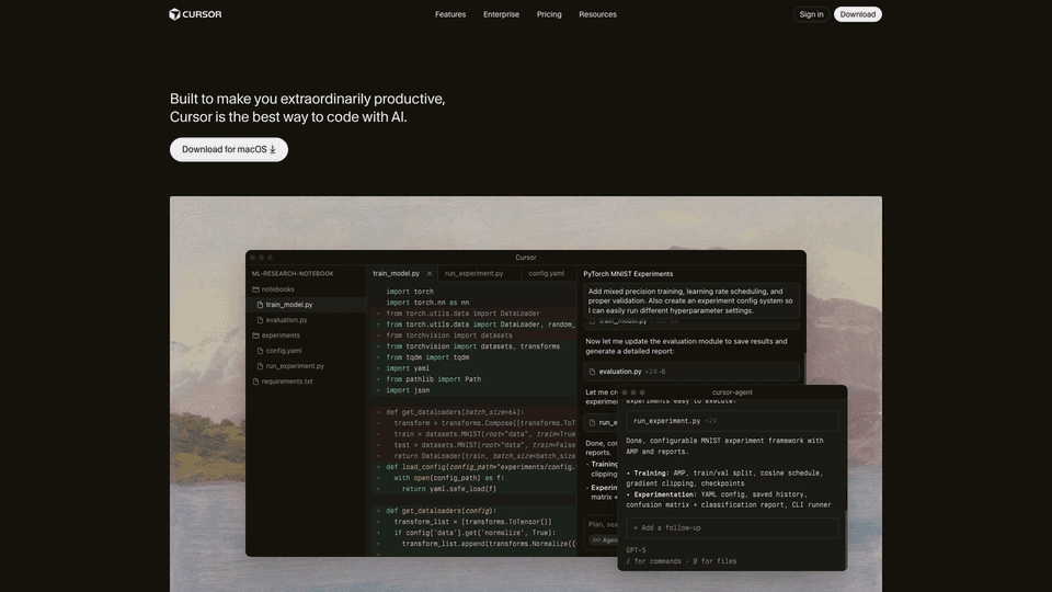 Official Cursor product screenshot: dark-theme editor interface with AI agent panel