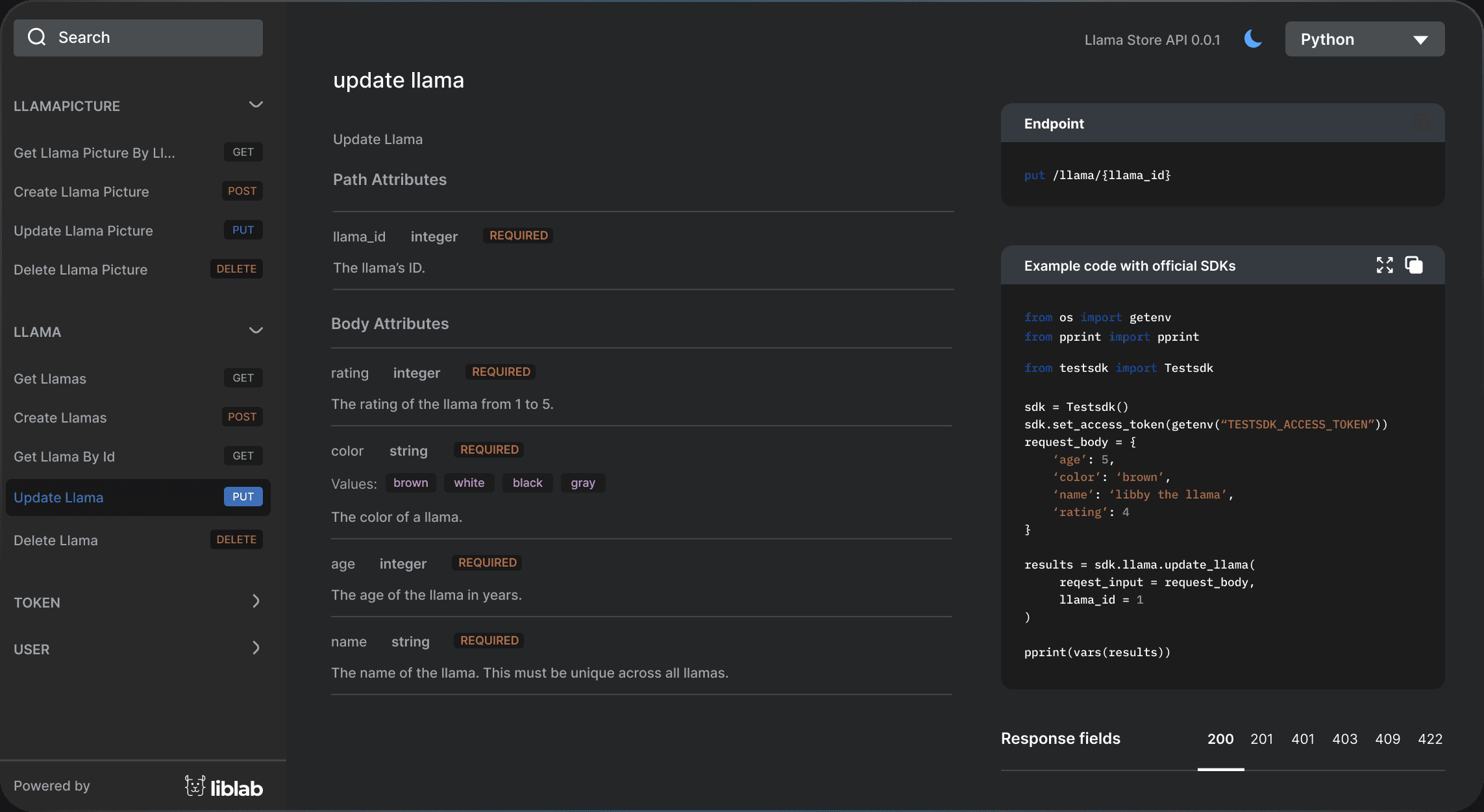 Screenshot of liblab's API documentation product interface, showing developer tooling related to API docs and SDK generation