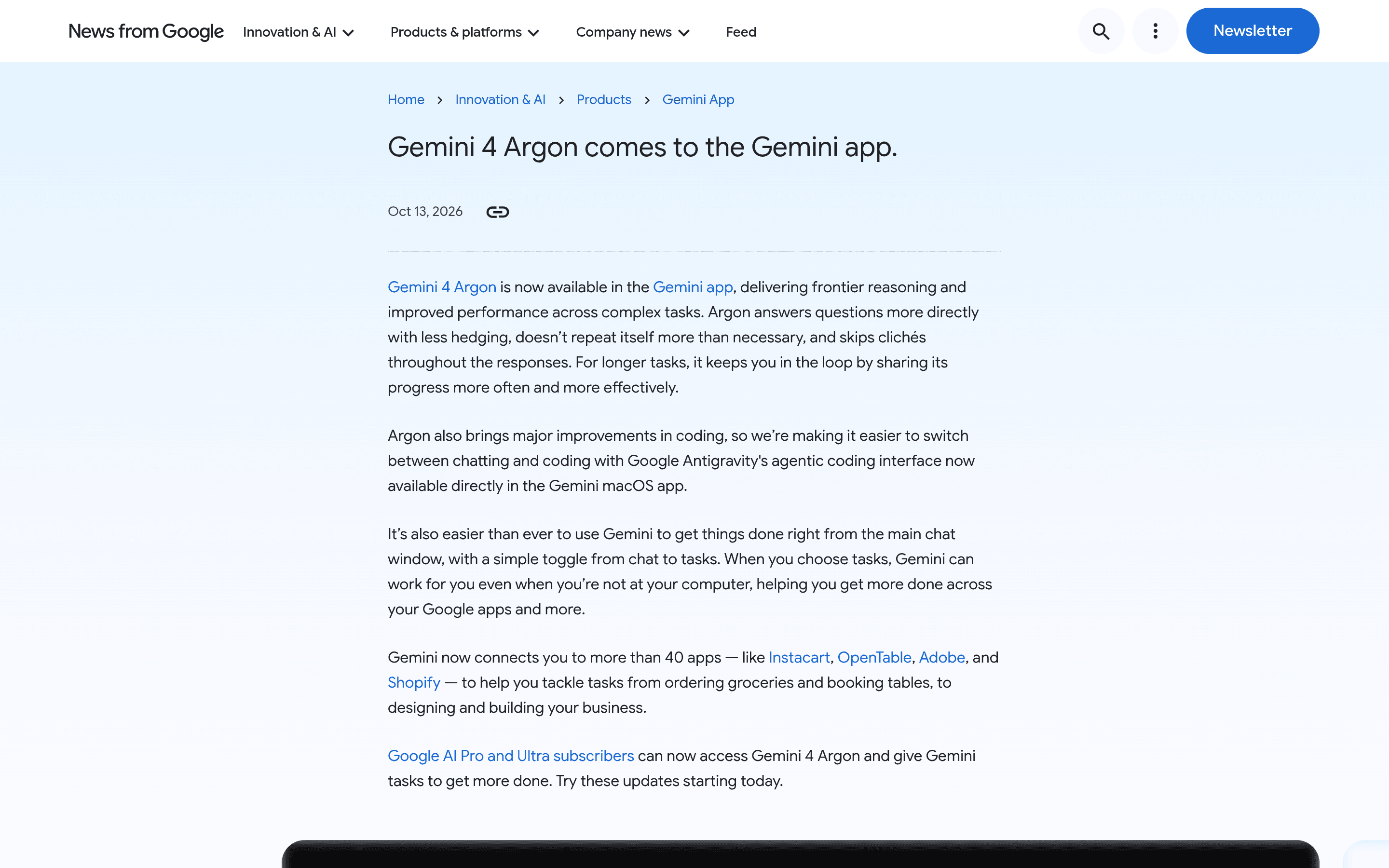 Screenshot of Google's official blog post on Gemini 4 Argon (Oct 13, 2026), confirming Antigravity's agentic coding interface in the Gemini macOS app