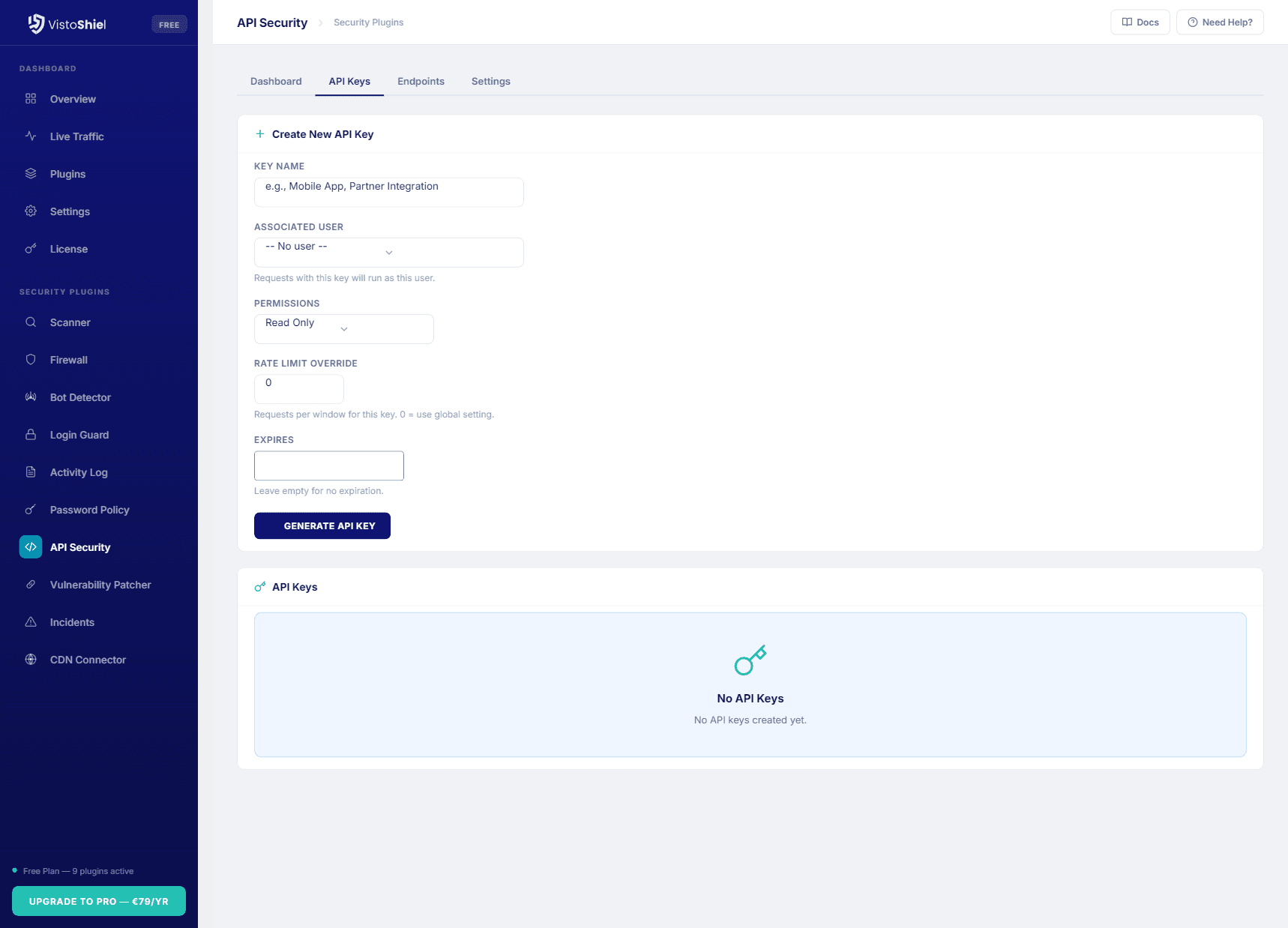 API Key 创建表单截图:包含 Key 名称、关联用户、权限、限流覆盖与过期时间字段