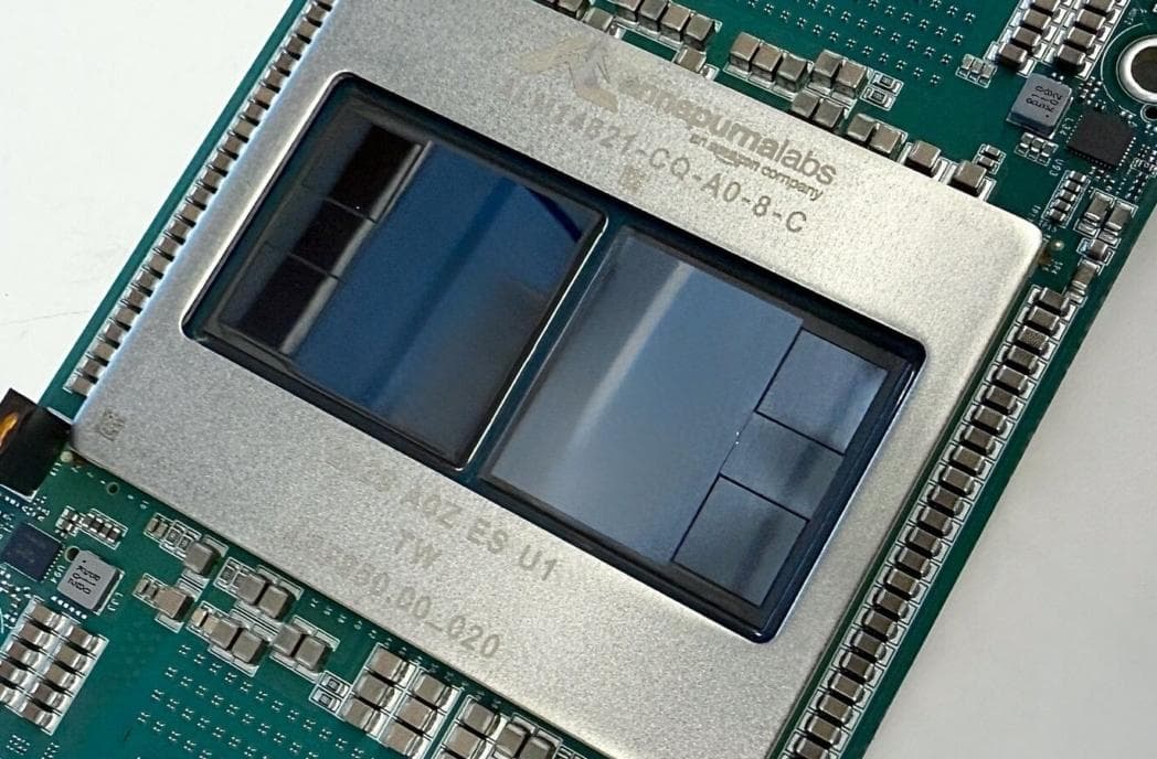 Close-up photo of an Amazon Annapurna Labs AI chip on a circuit board