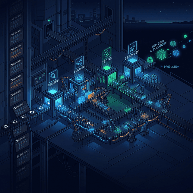 Illustration of a governed software factory pipeline: AI agents carrying code through review, testing, security scanning, and deployment under unified governance