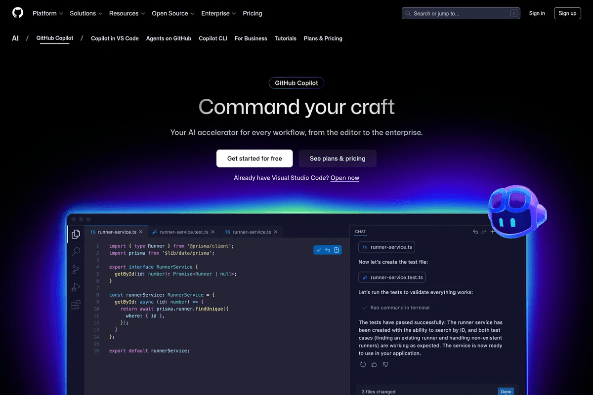 GitHub Copilot official product screenshot: VS Code with Copilot Chat panel