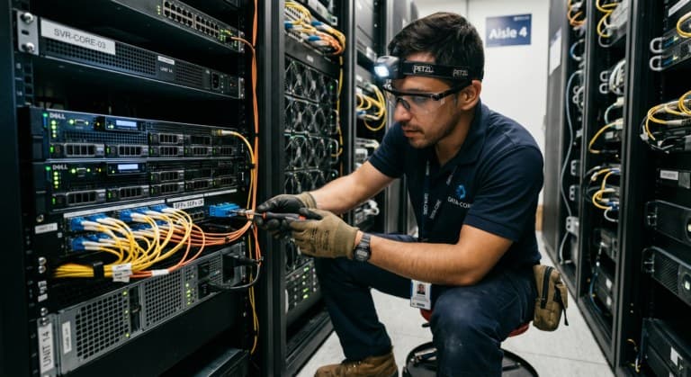 A technician wearing a headlamp maintaining server racks in a data room