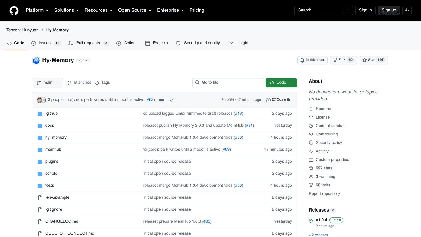 Screenshot of the Tencent-Hunyuan/Hy-Memory GitHub repository homepage showing 697 stars and the MemHub v1.0.4 release
