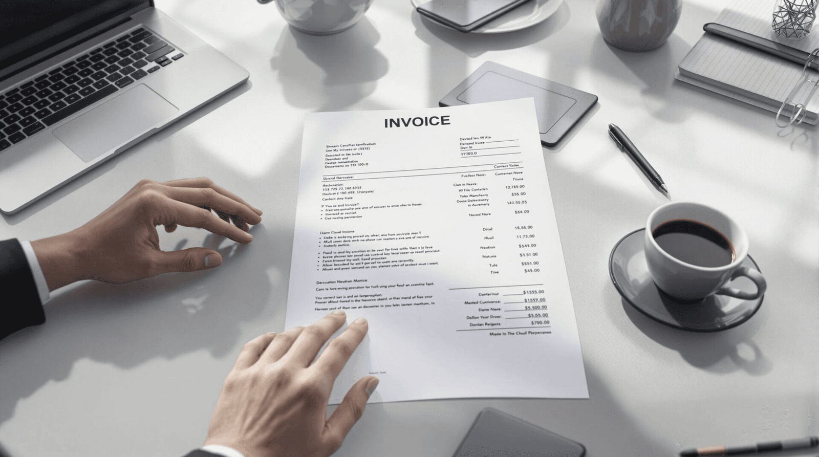 A paper invoice spread on a desk next to a laptop, illustrating the PDF deliverable theme