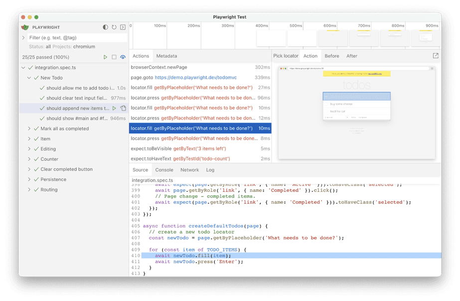 Illustration of a Playwright E2E regression testing workflow: a solo developer reviewing a browser test report alongside a CI pipeline