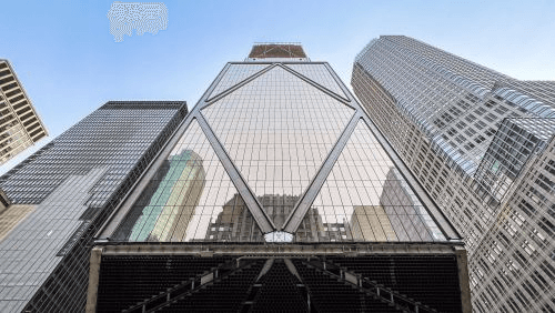 Real photograph of the JPMorgan Chase headquarters tower (270 Park Avenue, New York), the bank leading the charge in blocking AI agents