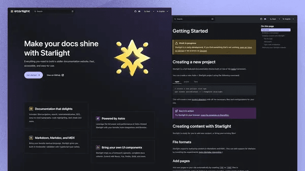 文档站首页截图(Starlight 搭建):导航、搜索框与内容分区