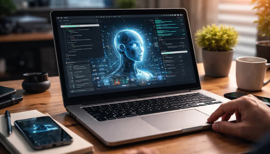 概念主题封面:深色背景下在电脑前自主工作的 AI 助手