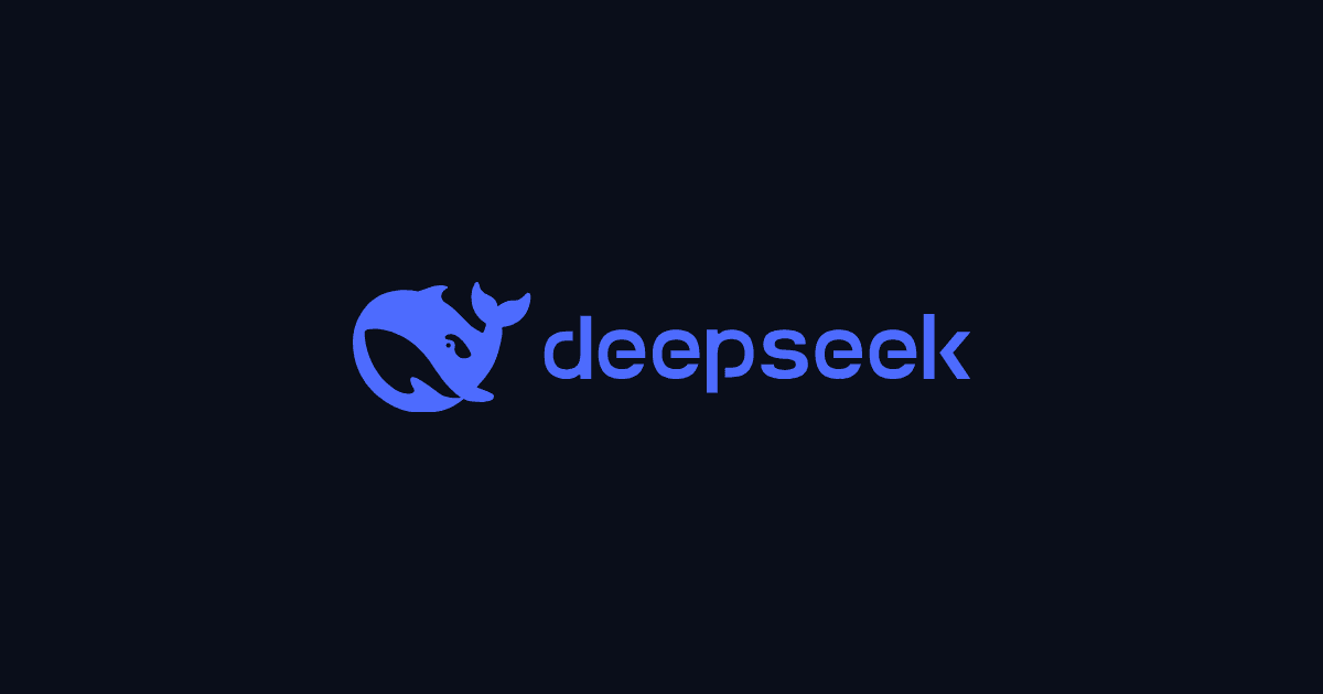 Official DeepSeek logo (whale icon and wordmark in brand blue) centered on a dark navy background