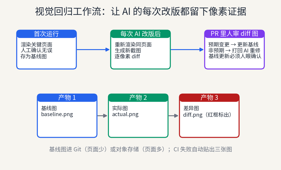 视觉回归工作流示意图:首次运行存基线图,每次 AI 改版后截图做像素 diff,PR 里人工审核后更新基线或打回重修