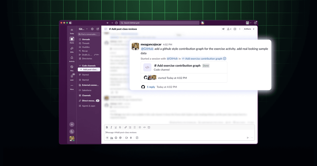 Official GitHub changelog screenshot: @GitHub mentioned mid-message in a Slack conversation