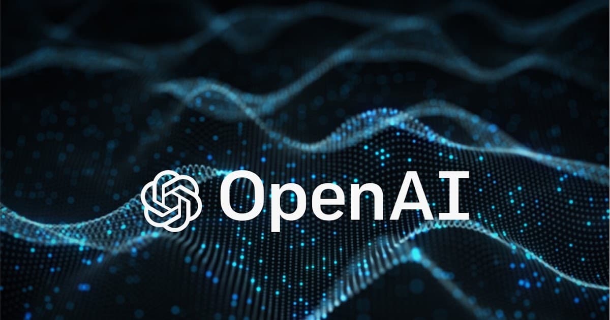 OpenAI 主题概念图,深色背景上的 OpenAI 标志与数据波纹
