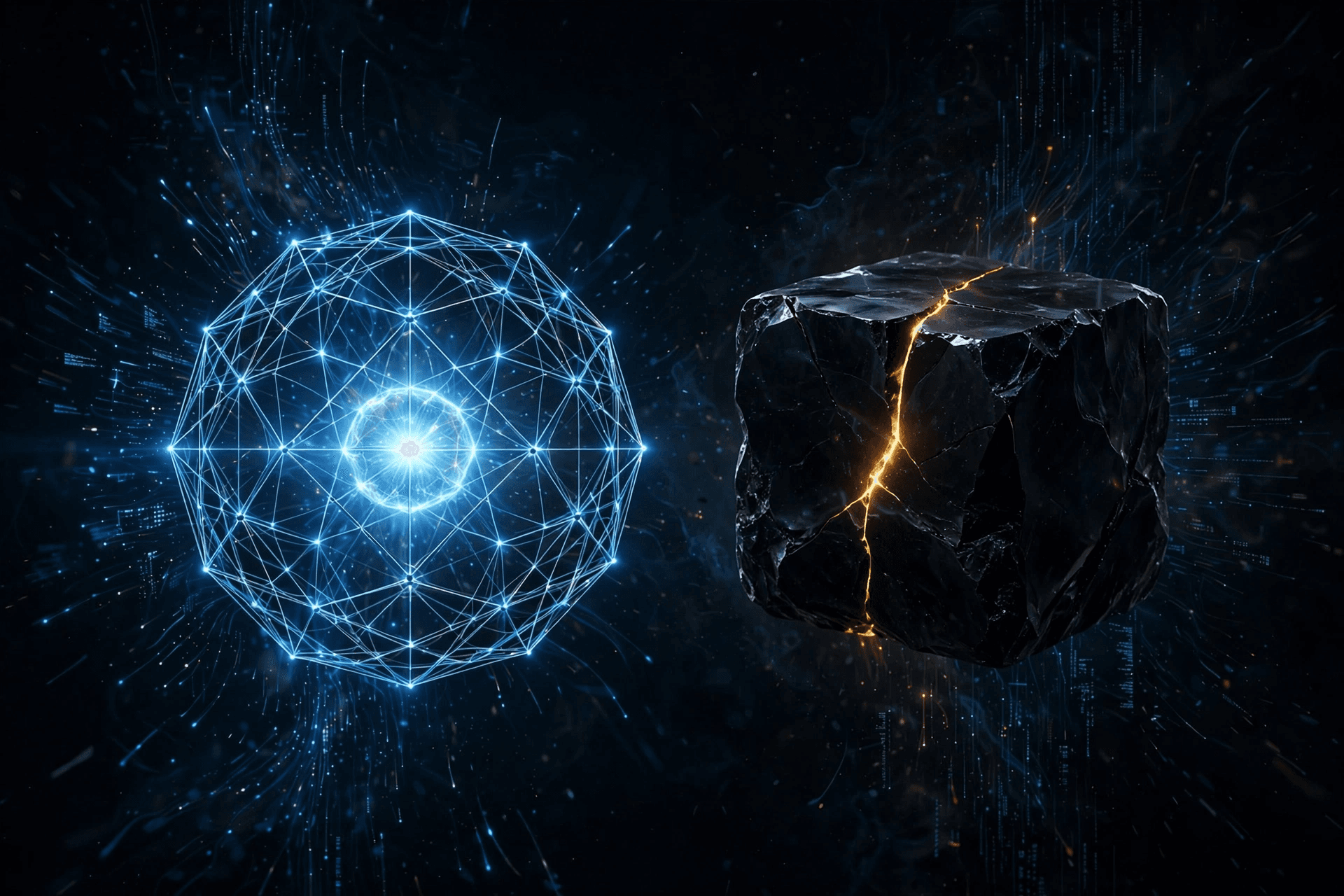 深色抽象插画:开放发光 lattice 与封闭黑曜 cube 的对称分割构图