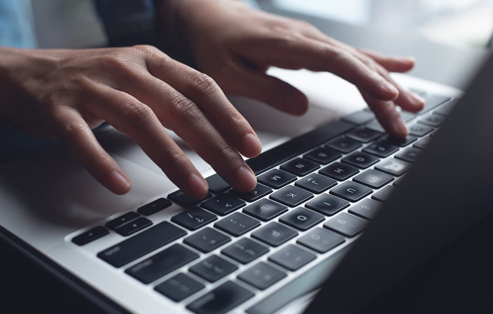 A real photograph of hands typing on a laptop keyboard, illustrating account recovery work; not any platform's official image