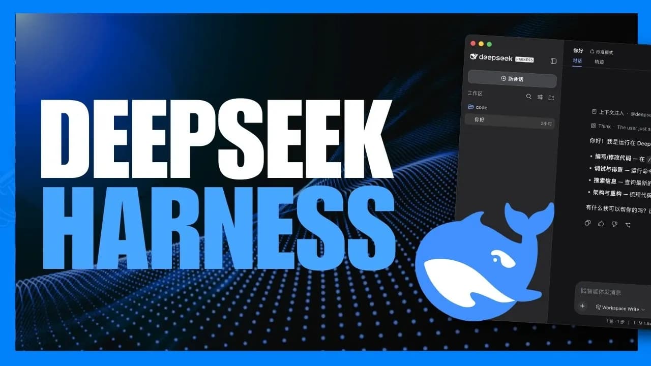 DeepSeek Harness 网页界面实拍:深色主题的对话与工作区面板,左侧为深蓝色品牌视觉