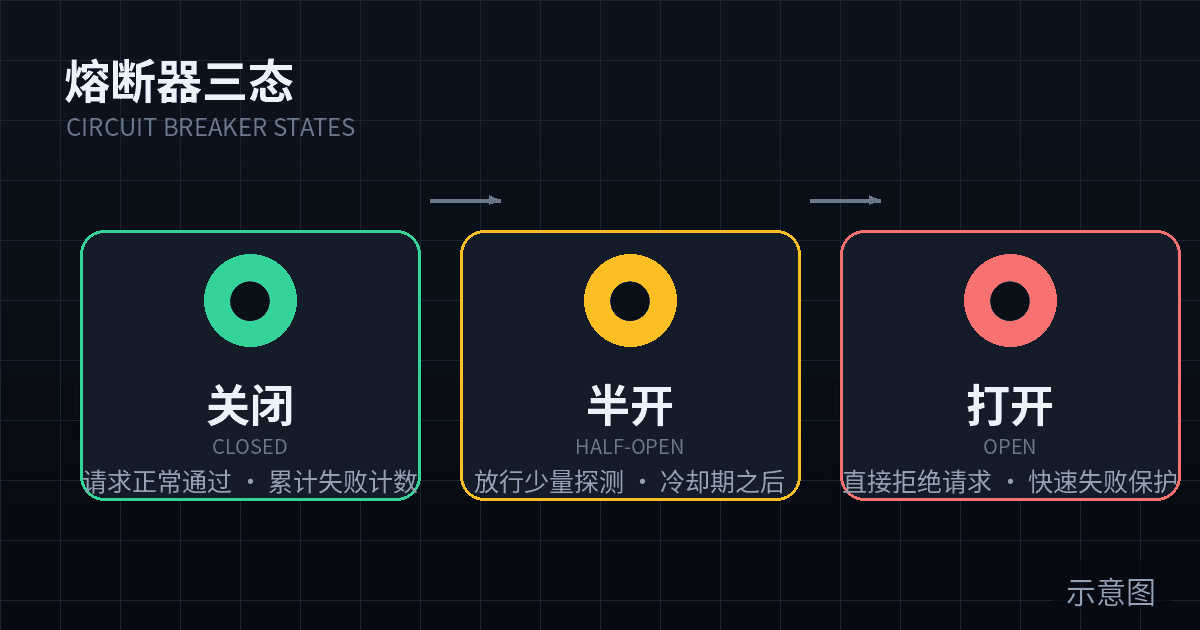 深色信息图:应用与云端 API 之间断裂的电源线,主题为第三方服务故障下的超时、重试、熔断与降级求生指南