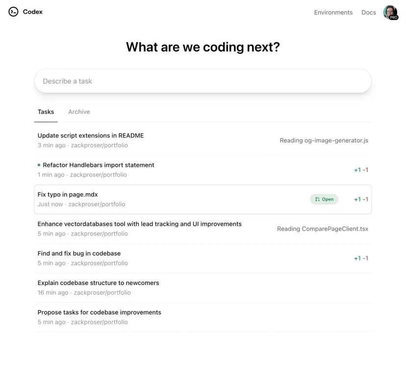 Screenshot of the OpenAI Codex chat interface, one of the main surfaces for the 28-day shipping streak