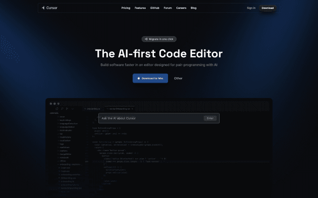 Cursor's dark homepage hero: 'The AI-first Code Editor' headline above a screenshot of the AI coding interface
