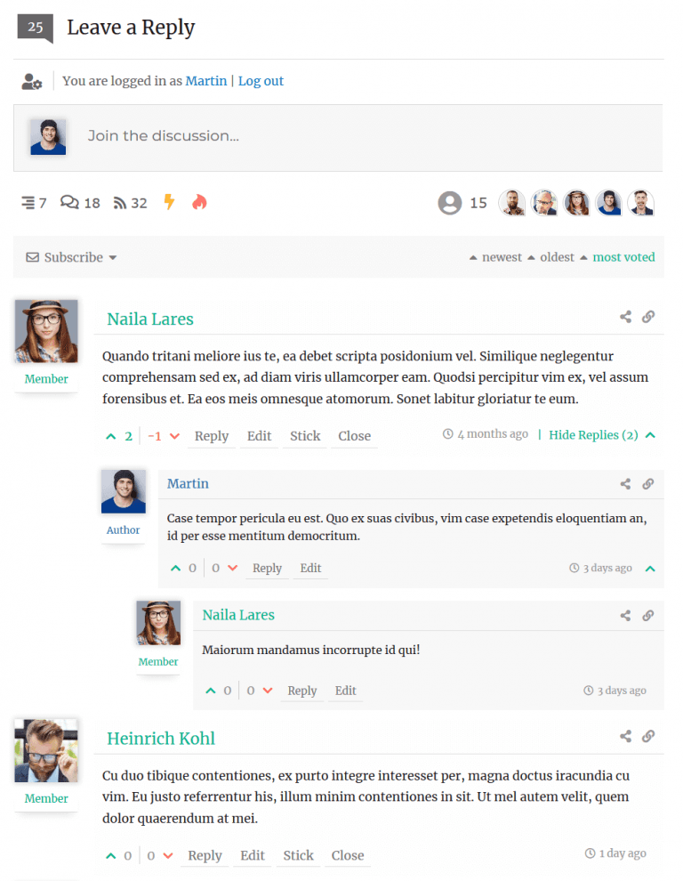 Screenshot of the wpDiscuz WordPress comment interface showing a nested comment thread