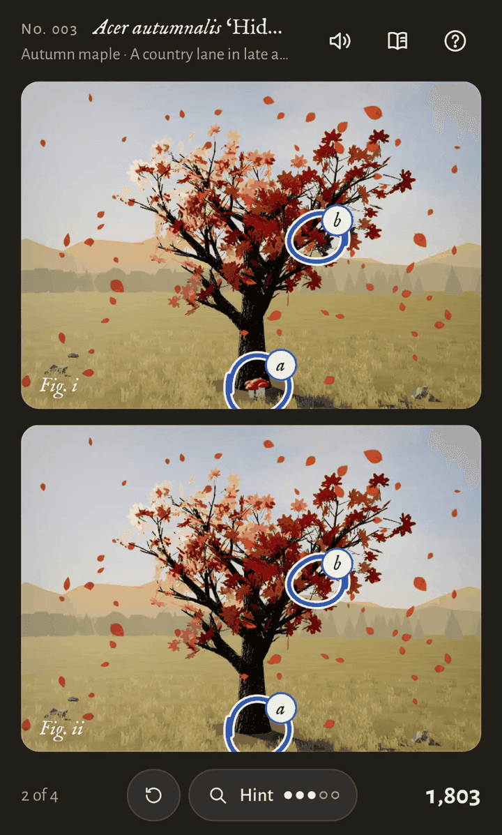 Willison's original blog screenshot: Tree Appreciator spot-the-difference game with two autumn trees, found differences circled