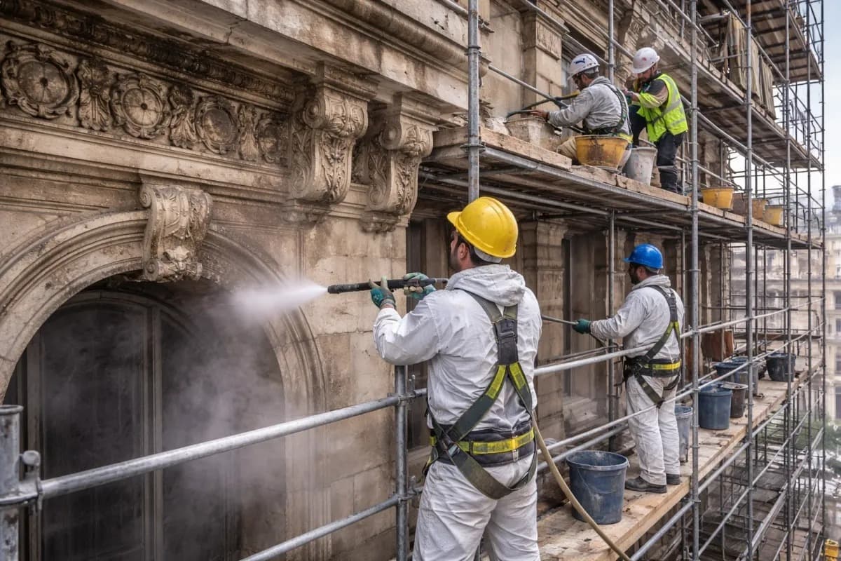 脚手架包围的老建筑外立面,工人们正在逐层修复历史墙面