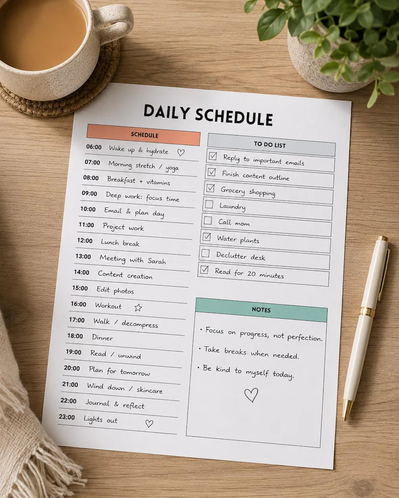 A daily planner sheet and coffee on a desk: a fixed working rhythm designed for solo dev plus AI collaboration