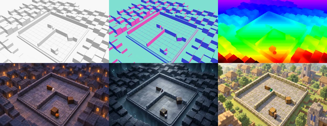AgentGarten concept: code worlds export depth and normal geometry conditions; a neural renderer generates the agent's first-person view in real time