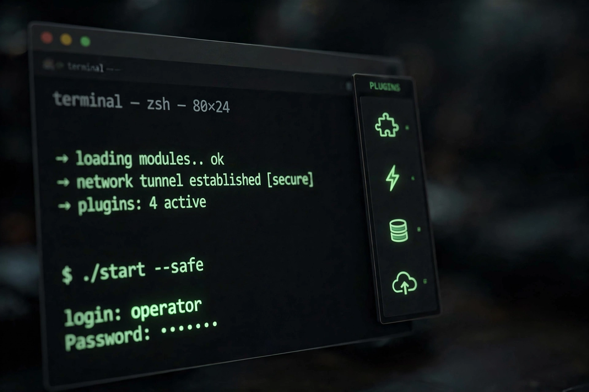 Terminal concept art: CLI login prompt with plugin panel