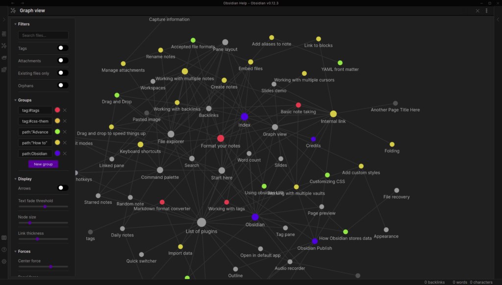 Real screenshot: Obsidian graph view of an interlinked Markdown note network