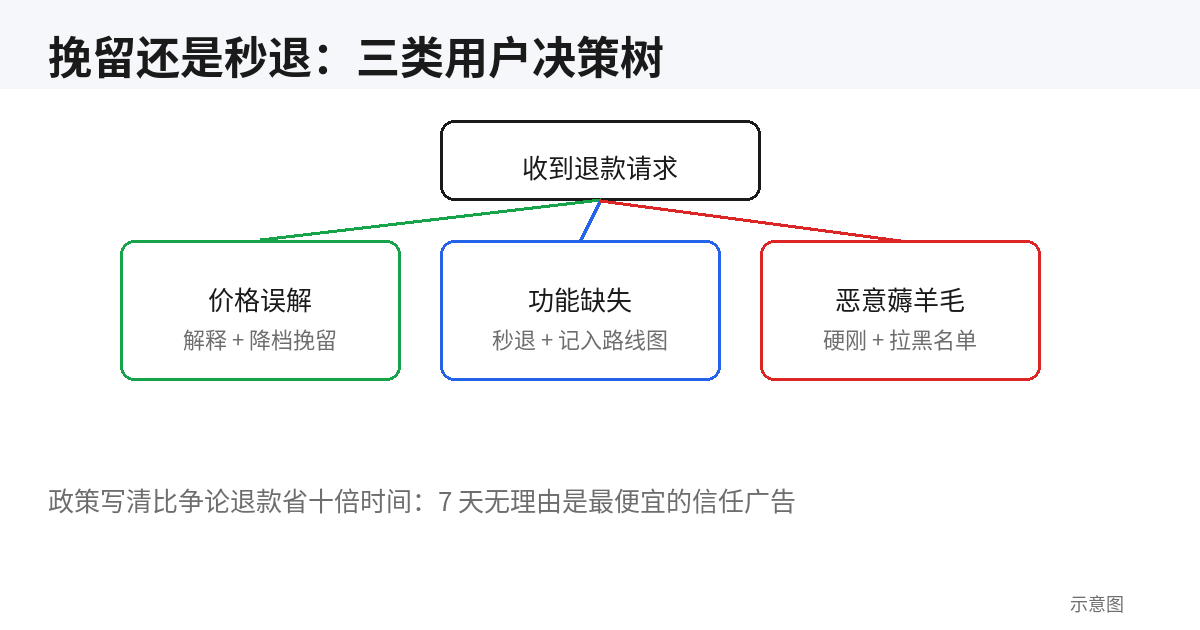 退款决策树示意图：三类用户不同处理路径