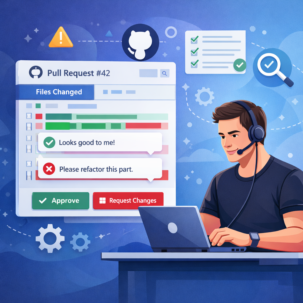 代码评审界面插画:Pull Request 评审中的批准与打回修改按钮