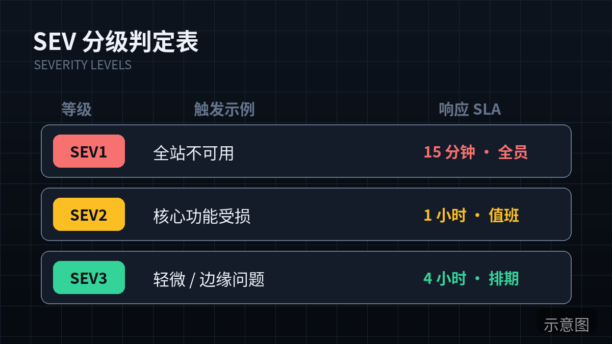 SEV1/SEV2/SEV3 事故分级判定（示意图）