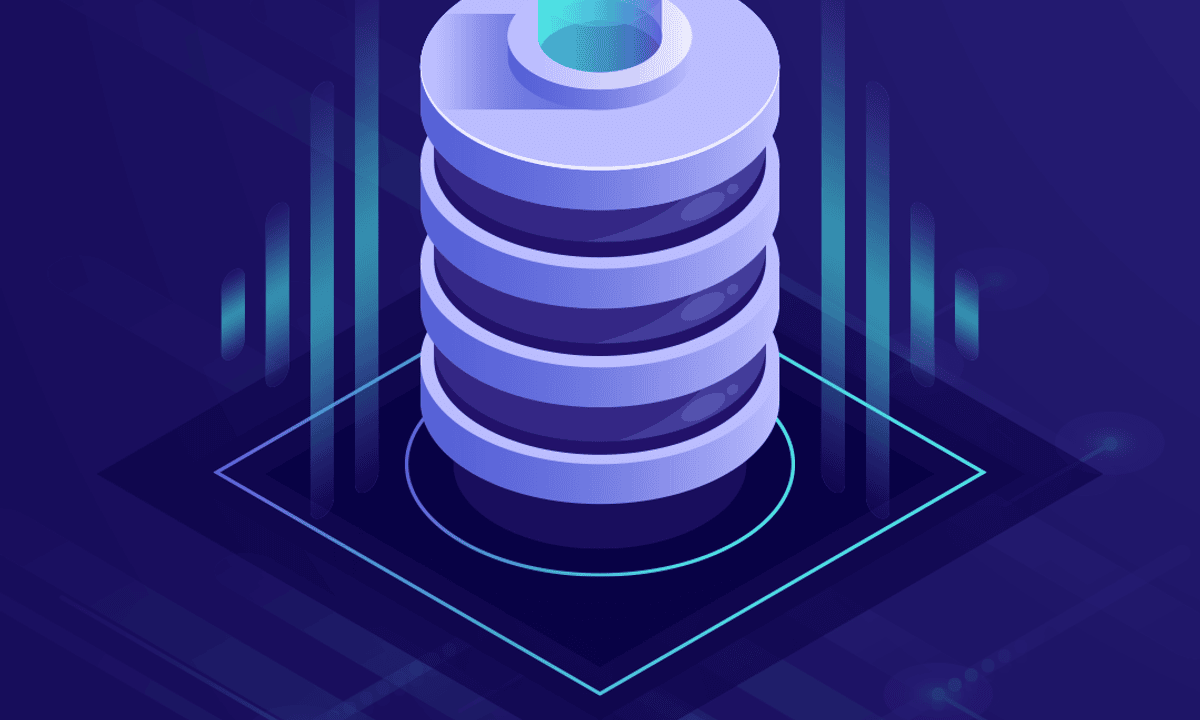 Abstract illustration of database cylinders with flowing streams of data light