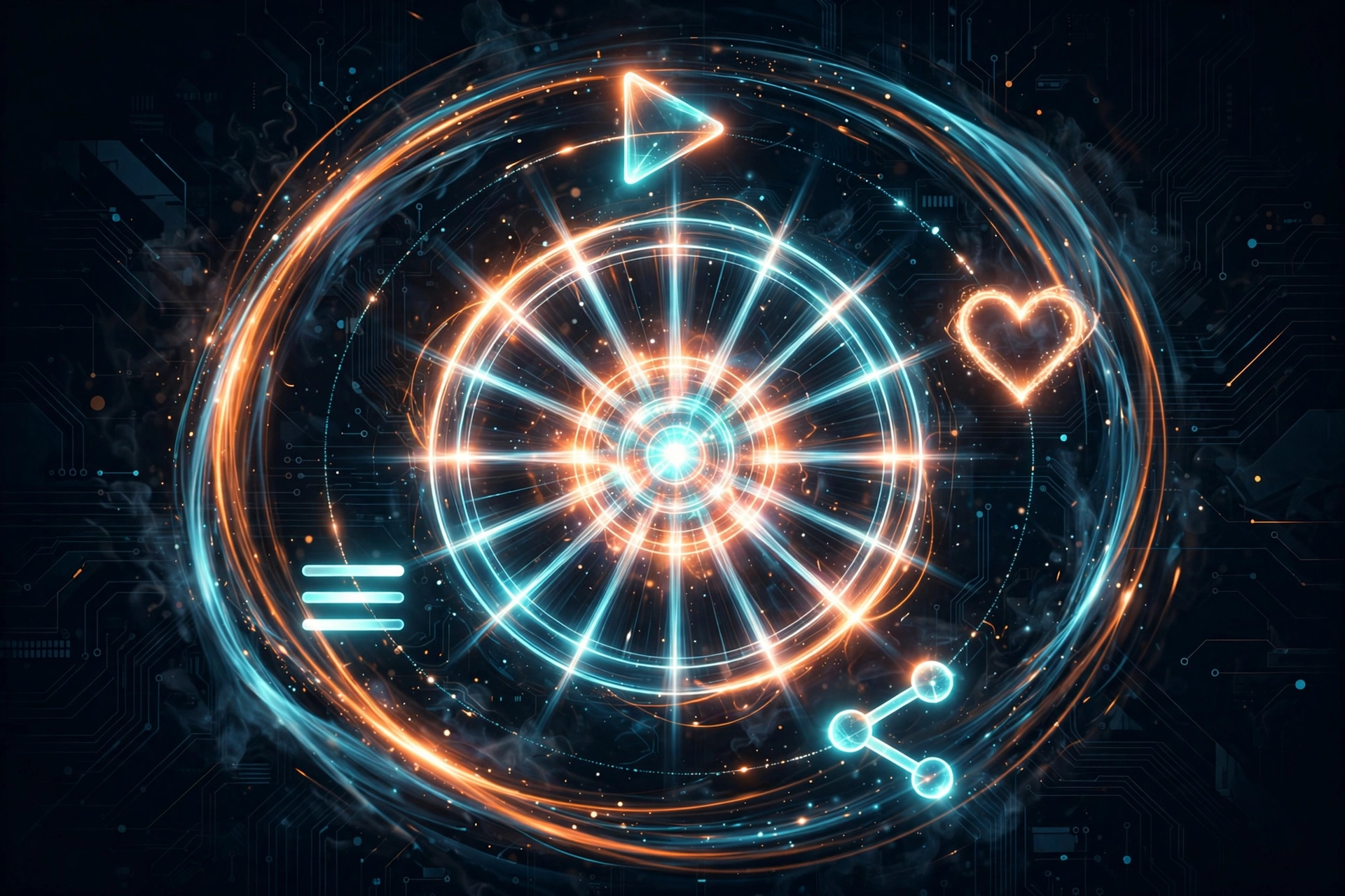 Dark abstract illustration: a glowing flywheel with content symbols orbiting a luminous hub