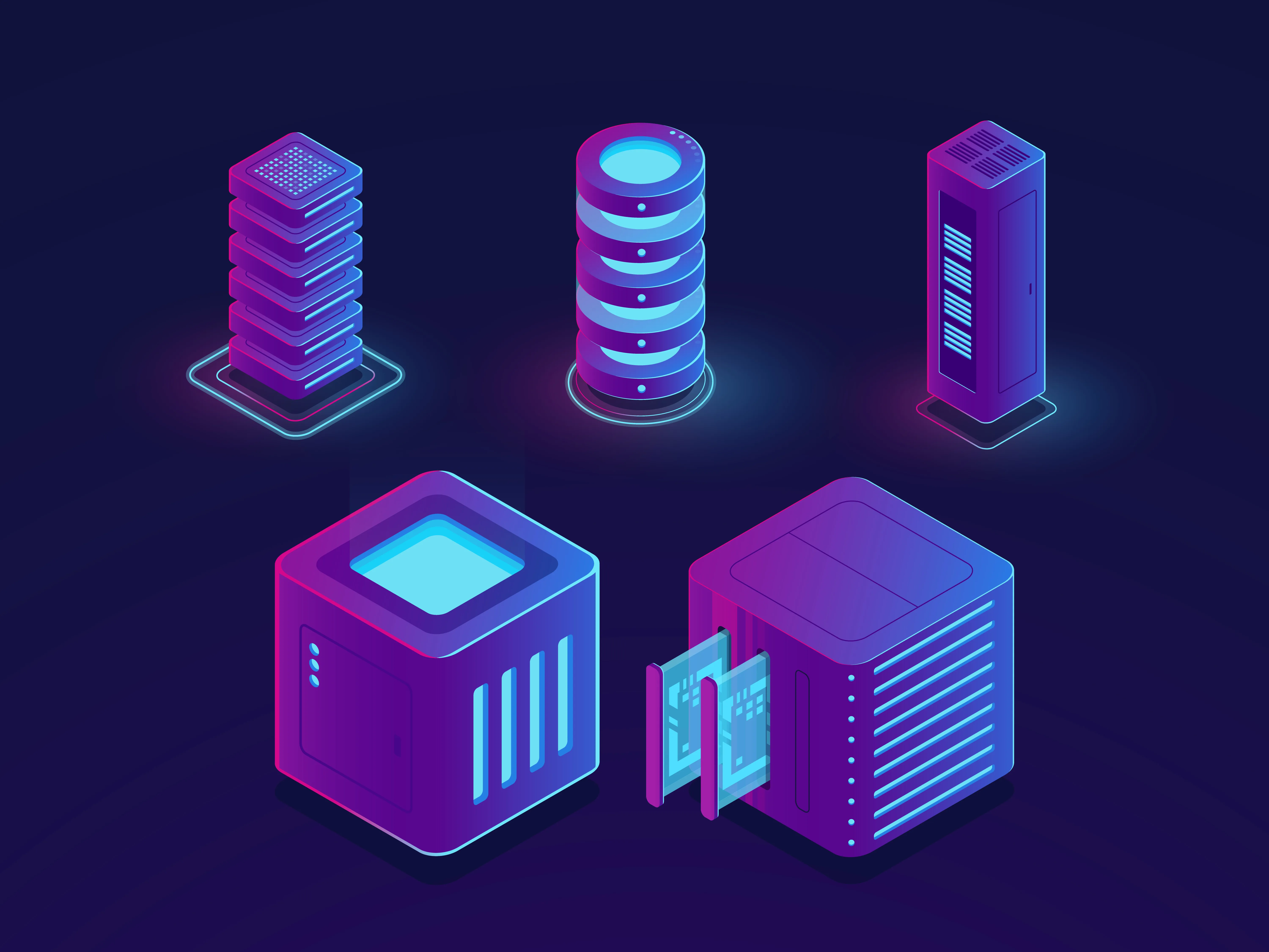 Isometric illustration of database servers on a dark background, purple and cyan neon style
