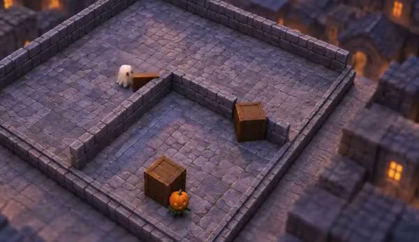 Hide-and-seek reenactment: a hider carries a panel to build a corner shelter; a seeker drags a ramp to a wall and climbs over
