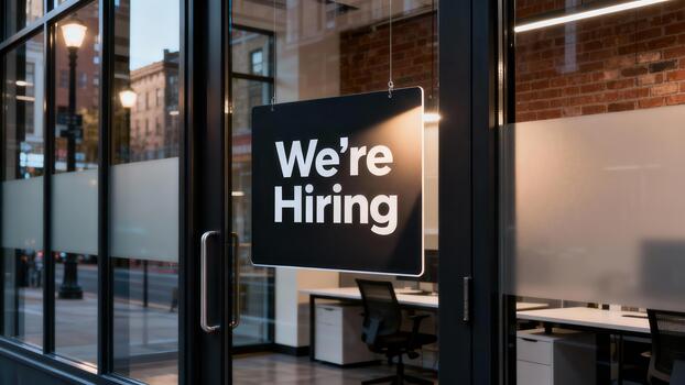 A "We're Hiring" sign hangs on an office glass door: plenty of companies are hiring, but mostly for senior roles